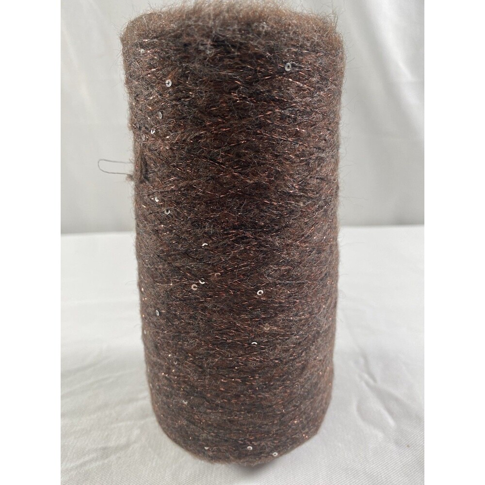 Fancy Cone Yarn Spool Yarn Brown Mohair Glitter Silver Sequins 170g NW #740